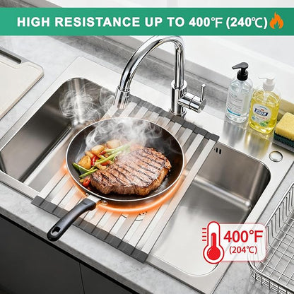 Hobychild 19" X 13" Roll Up Dish Drying Rack，Over The Sink Drying Rack 304 Stainless Steel Foldable Heat-Resistant Dishes Drainer for Kitchen and RV Sink Counter