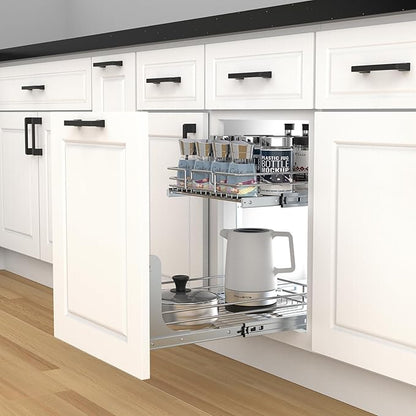 2 Tier Pull Out Cabinet Organizer, 14" W x 21" D Heavy-Duty Metal Sliding Drawer Shelf for Kitchen Cabinets, Chrome, Doesn't Include Door Fittings
