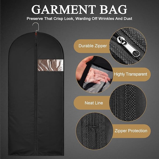 55-Inch Garment Bags Covers,Hanging Clothes Bag, Suit Cover Bags with Clear Window for Hanging Closet Clothes Storage and Travel (Black-55Inch)