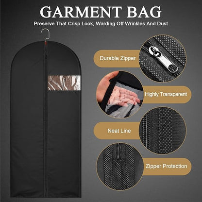 55-Inch Garment Bags Covers,Hanging Clothes Bag, Suit Cover Bags with Clear Window for Hanging Closet Clothes Storage and Travel (Black-55Inch)