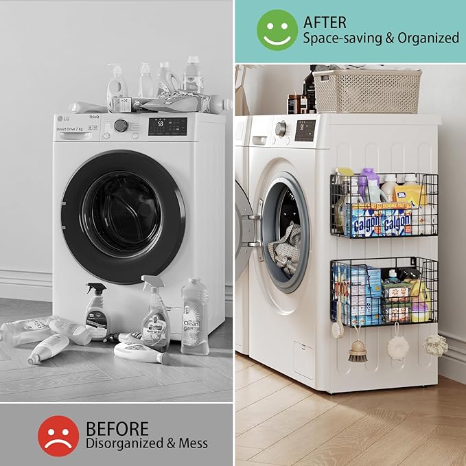 2-Pack Magnetic Laundry Basket Organizer Storage,Magnetic Shelves for Washer Dryer Organizer,Hanging Laundry Basket for Washing Machine(Black)