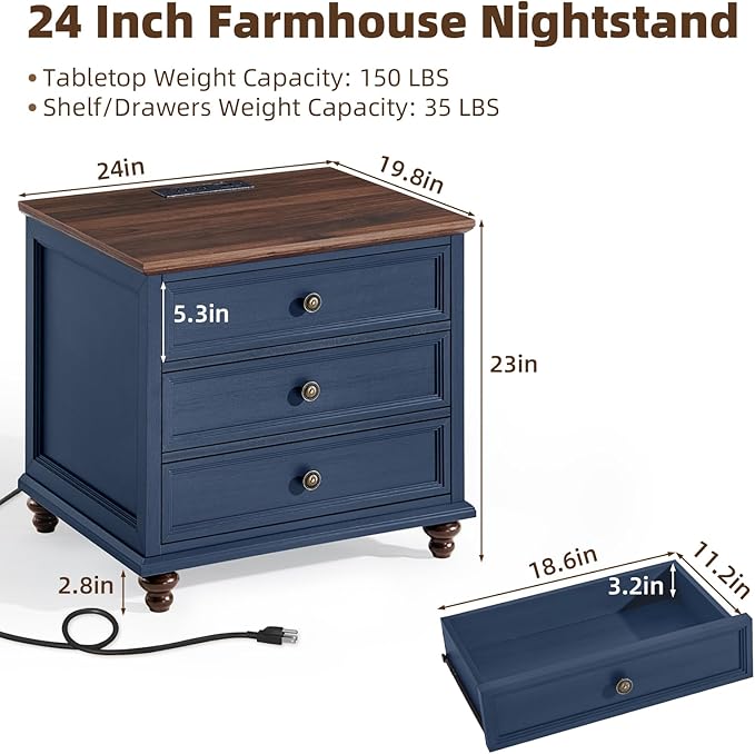 Joaxswe Farmhouse Nightstand with Charging Station, 24" Wide End Table with 3 Drawers,Blue Wood Dresser for Bedroom, Bed Side Table Chest of Drawers Cabinet,Night Stand for Living Room, Closet