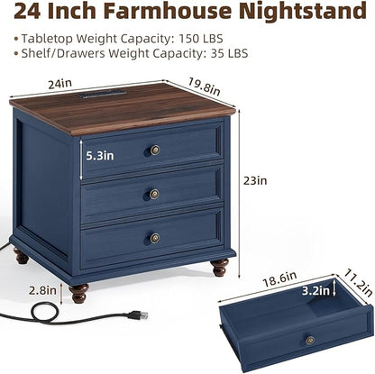 Joaxswe Farmhouse Nightstand with Charging Station, 24" Wide End Table with 3 Drawers,Blue Wood Dresser for Bedroom, Bed Side Table Chest of Drawers Cabinet,Night Stand for Living Room, Closet