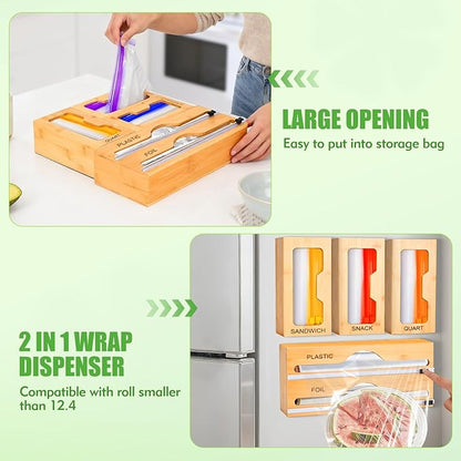 Magnetic Food Bag Organizer for Refrigerator or Drawer, Bamboo Foil and Plastic Wrap Organizer with Cutter, Kitchen Food Storage Bag Holder for Gallon, Quart, Snack, Sandwich, Size Baggie