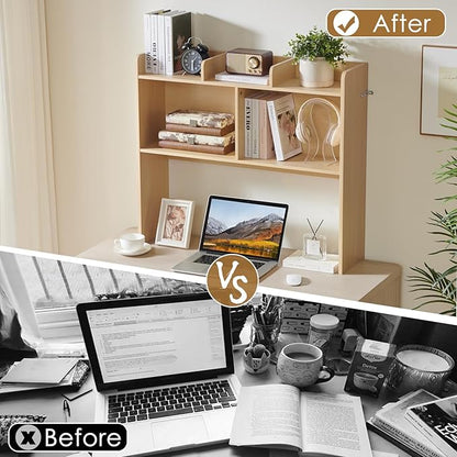 Desktop Bookshelf, Wooden Desk Storage Hutch with 5 Shelves, 3-Tier Desktop Display Organizer Rack for Office Home (Natural, 5 Shelves B)