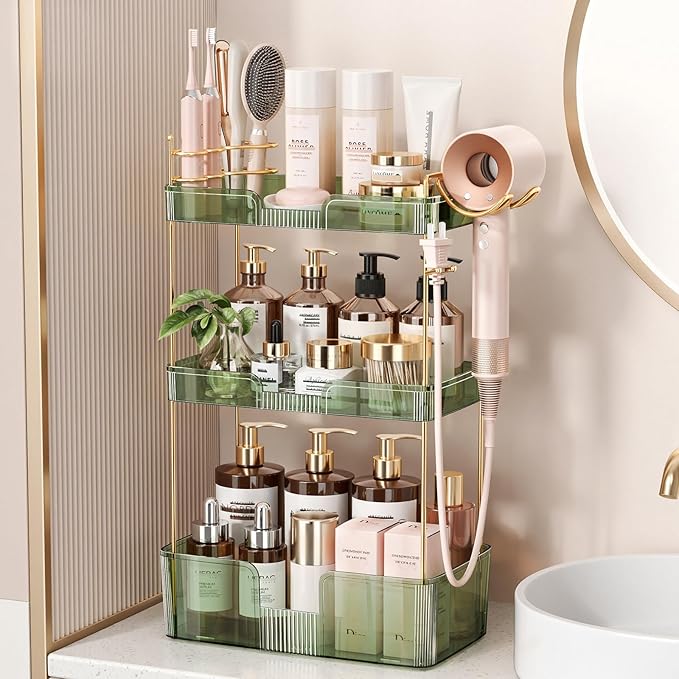 Weidace Bathroom Counter Organizer for Vanity, Makeup Organizer Countertop with Holder, Large Capacity Storage Rack, Perfect Large Skincare, Hair Care, Perfume, Easy to Install (Green, 3Tiers)