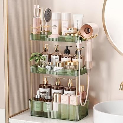 Weidace Bathroom Counter Organizer for Vanity, Makeup Organizer Countertop with Holder, Large Capacity Storage Rack, Perfect Large Skincare, Hair Care, Perfume, Easy to Install (Green, 3Tiers)