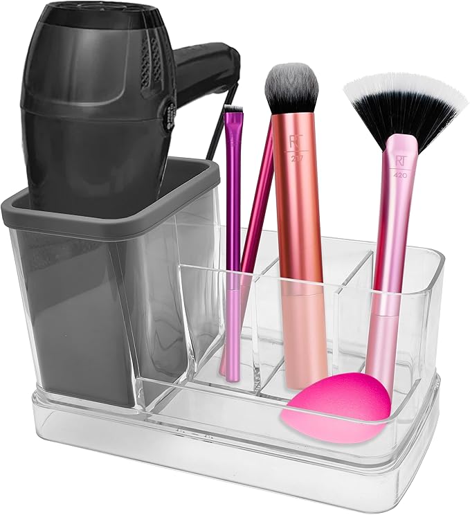 OnDisplay Hair Tool & Makeup Organizer with Silicone-Lined Compartment – Bathroom Counter Storage for Hair Dryer, Brushes, Sponges & Cosmetics – Clear Acrylic Vanity Holder with Removable Tray