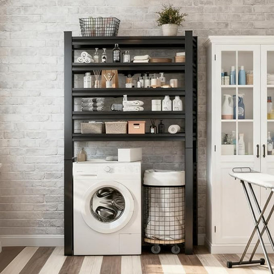 Over Washer and Dryer Shelves,5 Tier Expandable Washer and Dryer rack,Laundry Room Storage Over Toilet Washing Machine and Dryer Storage Rack Bathroom Organization,77.4"H*39.4"W*15.7"D,BLACK