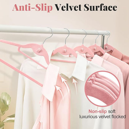 UEAKPIC Velvet Hangers 50 Pack, S-Shaped and Stackable Non Slip with 360°Swivel Hook, Ultra Thin and Space Saving Flocked, for Suits, Shirts, Coats, 15Lbs Capacity Heavy Duty, Pink