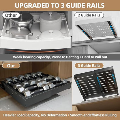 Expandable Pull Out Cabinet Organizer, Adjustable Width 12"-19" & Depth 16.5"-22", 4-Side Extension, 5 Slide Rails for Heavy Duty Use, Adhesive Roll Out Shelves for Kitchen Cabinets, Black 1PCS