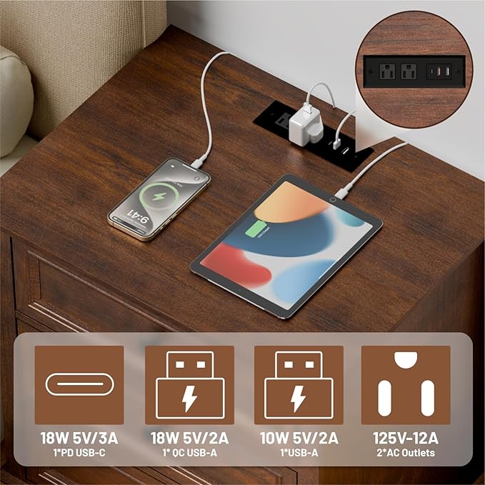 Nightstand with Charging Station Set, 24” Wide End Table with 3 Drawers Set of 2, Modern Bedside Table with Storage, Wood Small Dresser for Bedroom Room (Cherry)