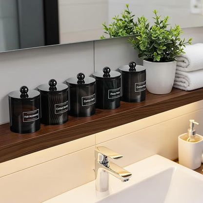 8 Pack Acrylic Qtip Holder Dispenser for Cotton Swabs, Balls, Pads, Floss Picks- Clear Plastic Canister Apothecary Jar Set, Bathroom Essentials Accessories Decor Vanity Makeup Storage Organizer -Black