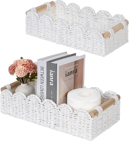 CubesLand Toilet Paper Storage Basket, Scalloped Edge Shelves Basket for Organizing for Over Toilet Tank Storage, Home Decor Baskets for Shelf, Countertop, Living Room, Bedroom, Handwoven, White