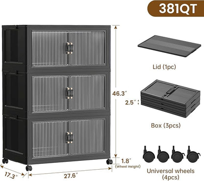 SAILUN 381Qt Extra Large Stackable Storage Bins Folding Collapsible Storage Bins with Lid, Closet Organizers and Storage Box with Door Black 28" W x 17" D x 46" H