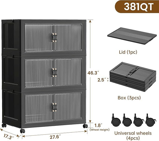SAILUN 381Qt Extra Large Stackable Storage Bins Folding Collapsible Storage Bins with Lid, Closet Organizers and Storage Box with Door Black 28" W x 17" D x 46" H