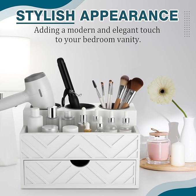 AceOrbit Hair Tool Organizer with Drawer, Hair and Makeup Bathroom Vanity Organizers and Storage Fits Blow Dryer, Curling Iron, Makeup Brushes, Skincare, Hot Tools Organizer for Tidy Counter(White)
