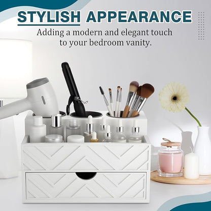 AceOrbit Hair Tool Organizer with Drawer, Hair and Makeup Bathroom Vanity Organizers and Storage Fits Blow Dryer, Curling Iron, Makeup Brushes, Skincare, Hot Tools Organizer for Tidy Counter(White)