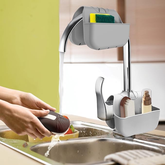 VPASION Sponge Holder for Kitchen Sink, Silicone Sink Saddle Caddy Organizer Rack, Sponges Holder Over Faucet, Hanging Kitchen Organizer Accessories Rack Basket Gray