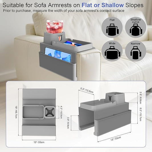 KindGa Couch Cup Holder Tray，Super Large Silicone Sofa Armrest Tray with Side Pockets，Anti-Slip Couch Caddy for Drinks/Phone/Remote/Snacks Sofa Table Organizer，Fathers Day Dad Gifts -Slate Gray