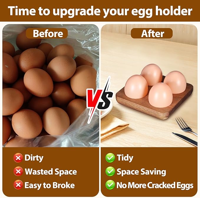 Homoyoyo 4 Egg Holder Countertop, Acacia Wood Egg Holder 4 Slot, Compact Natural Organizer for Kitchen Display Fridge for Chocolates, Sushi, Kitchen Organization for Busy Parents Home Hearth