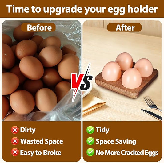 Homoyoyo 4 Egg Holder Countertop, Acacia Wood Egg Holder 4 Slot, Compact Natural Organizer for Kitchen Display Fridge for Chocolates, Sushi, Kitchen Organization for Busy Parents Home Hearth