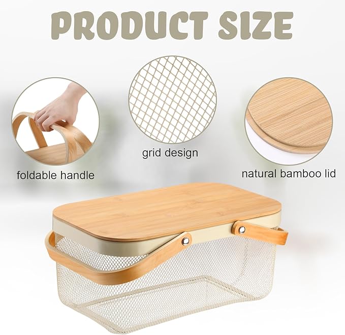 4 Pcs Mesh Steel Basket with Handles and Lids Wire Mesh Basket Garden Baskets for Gathering Vegetables Fruit Harvest Storage Organizer for Kitchen Drying Food(16 Inch,White)