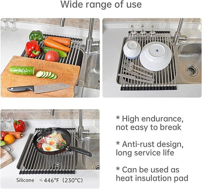 ARAINY Large Telescopic Drain Rack Roll Up Rack Heat-Resistant Dish Drainer Kitchen Sink Rack Over The Sink Dish Drying Rack Stainless Steel Dish Rack (18 Tube 21.25''x12.79'')