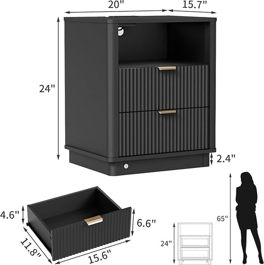 BONITURE Led Fluted Nightstand, Smart Curved Night Stand with Charging Station Lighting, Wood End Table with 2 Drawers, Modern Side Table Storage Cabinet for Bedroom Office,(1, Black)