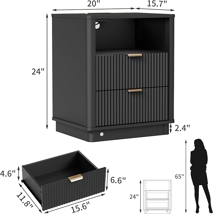 BONITURE Fluted Night Stand Set of 2, Curved Nightstands with Charging Station Lighting, Wood End Table with 2 Drawers, Modern Side Table Storage Cabinet for Bedroom Office,(2, Black)