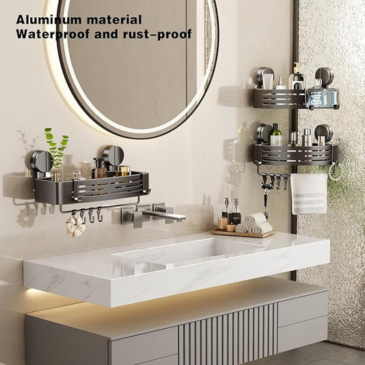 VOLPONE Corner Shower Caddy Suction Cup Shower Shelf Corner No Drilling Bathroom Shower Organizer Storage Rack Adhesive triangle with towel bar hooks 3 tier gray
