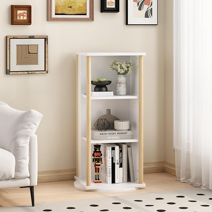 Ikebana Rotating Bookshelf Kids, 3 Tier Rotating Bookshelf Tower with Chalkboard, 360 Display Floor Standing Revolving Corner Bookcase and Narrow Book Shelf Organizer