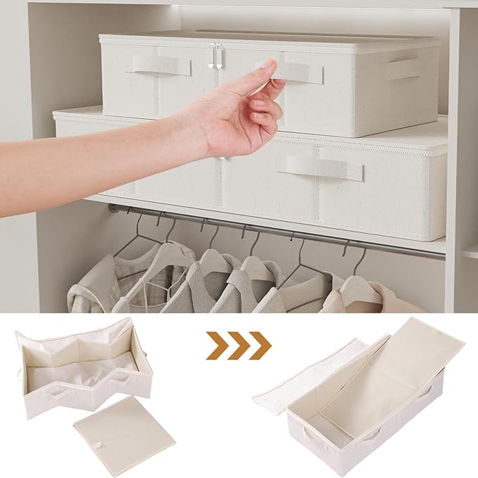 ENUMAIL Underbed Storage Bins Compartment, Foldable Under Bed Boxes Organizer, Cube Container with Lid for Organizing Clothes, Sheets, Blankets, Comforter, 31.4x15.7x5.9in, Beige, 2 Pack