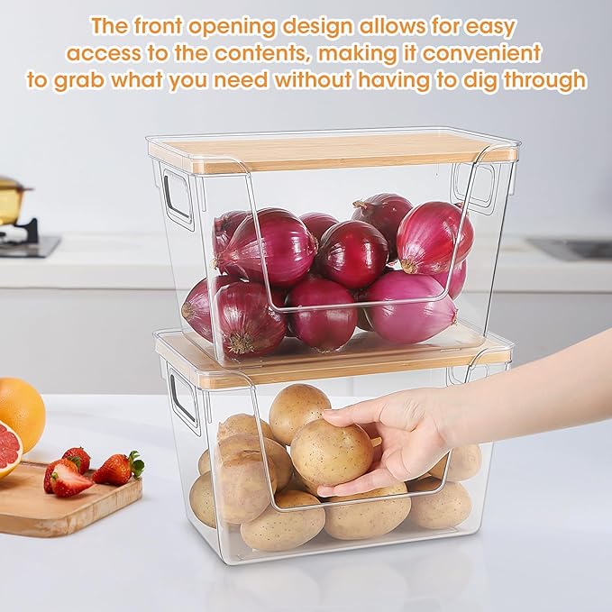 4 Set Pantry Organizers and Potato Onion Storage Bins, Stackable Kitchen Counter Cabinet Basket for Produce, Fruit, Vegetable, Snack Storage, Laundry Organizer Trash Bag Holder with Bamboo Lid