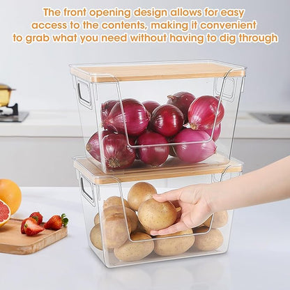 4 Set Pantry Organizers and Potato Onion Storage Bins, Stackable Kitchen Counter Cabinet Basket for Produce, Fruit, Vegetable, Snack Storage, Laundry Organizer Trash Bag Holder with Bamboo Lid