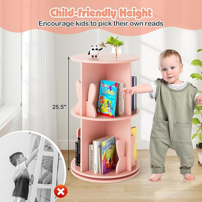 Costzon Kids Rotating Bookshelf, 2 Tier Small Book Shelf with Bookends, 360° Display Spinning Bookshelf Tower, Corner Bookshelf for Small Space, Kids Room, Bedroom, Nursery (Pink)