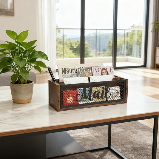 Mail Organizer Countertop, Rustic Farmhouse 2-Slot Wood & Iron Mail Holder, Retro Wall Mounted or Desk Entryway Letter Bill Envelope Sorter, No Assembly