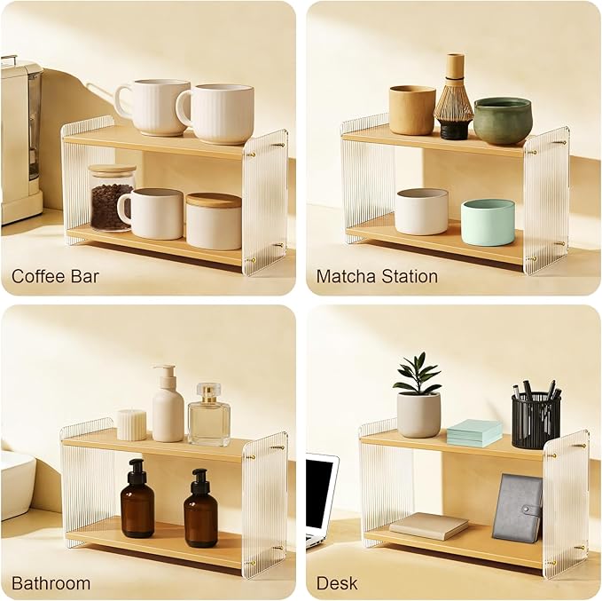2-Tier Coffee Station Organizer, Acrylic & Pine Wood Mug Holder for Coffee Bar & Matcha Station, Easy-to-Clean Countertop Shelf, Modern Minimalist Design