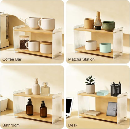 2-Tier Coffee Station Organizer, Acrylic & Pine Wood Mug Holder for Coffee Bar & Matcha Station, Easy-to-Clean Countertop Shelf, Modern Minimalist Design