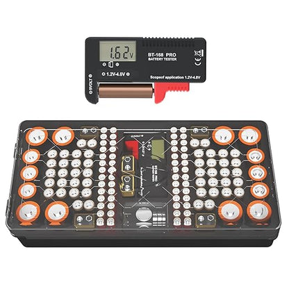 Battery Organizer Storage Case with Tester, Stores & Protects Up to 136 Batteries, Holds AAA AA C D 9V Button Cell with Clear Locking Lid for Home & Garage (Holds 136 Batteries)