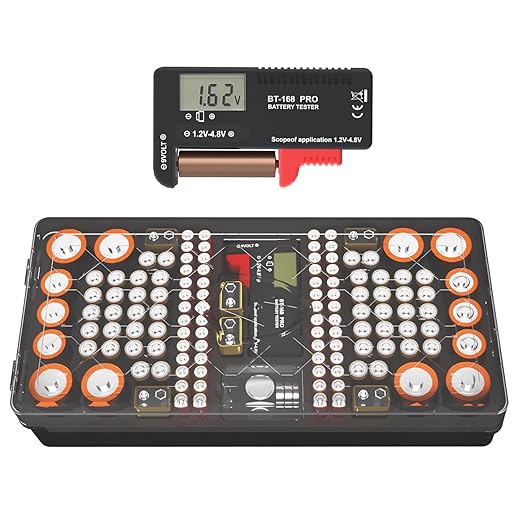 Battery Organizer Storage Case with Tester, Stores & Protects Up to 136 Batteries, Holds AAA AA C D 9V Button Cell with Clear Locking Lid for Home & Garage (Holds 136 Batteries)