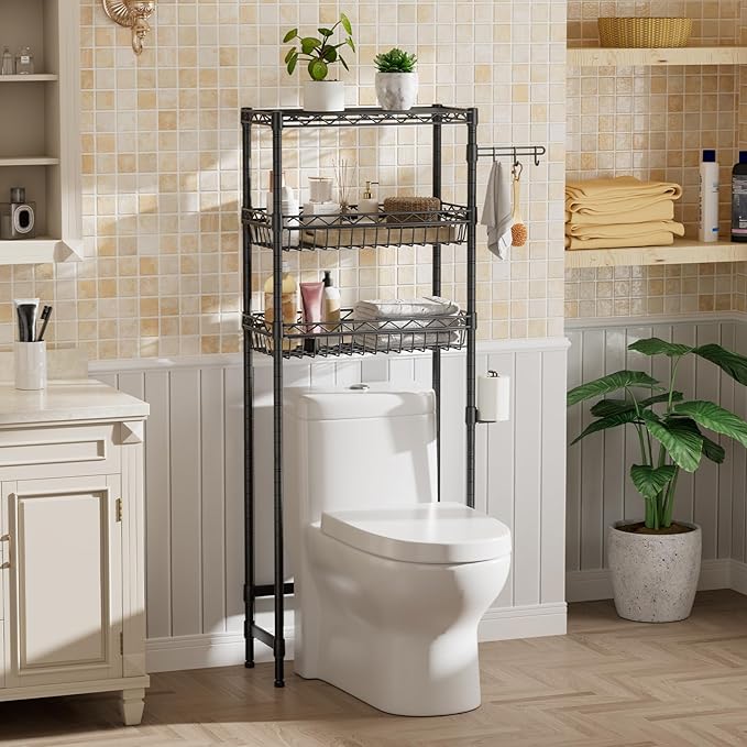 Golpart 3-Tier Over-The-Toilet Storage Shelf,Heavy-Duty Adjustable Bathroom Rack with 2 Mesh Baskets,Toilet Paper Holder & Hooks,Space-Saving Organizer for Bathroom,10”D x 24”W x 66”H,Black