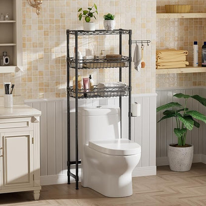 Golpart 3-Tier Over-The-Toilet Storage Shelf,Heavy-Duty Adjustable Bathroom Rack with 2 Mesh Baskets,Toilet Paper Holder & Hooks,Space-Saving Organizer for Bathroom,10”D x 24”W x 66”H,Black