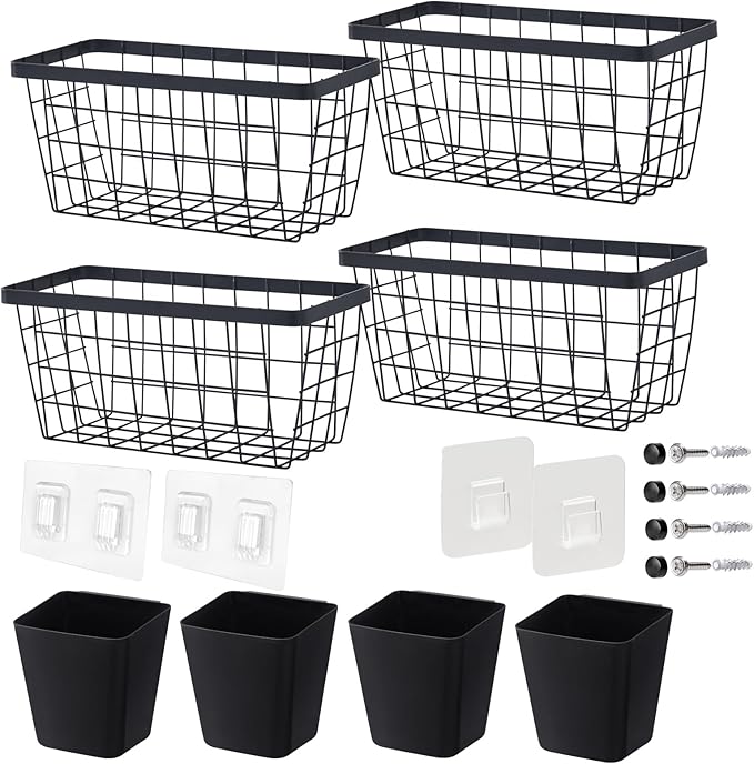 LIGHT DUST Wall Hanging Baskets - 8 Set Black Baskets & Cups Wire Basket Metal Wall Organizer Bins for Kitchen Pantry Cabinet Bathroom Shower Door RV [Included Adhesive Hooks & Mounted Screws]