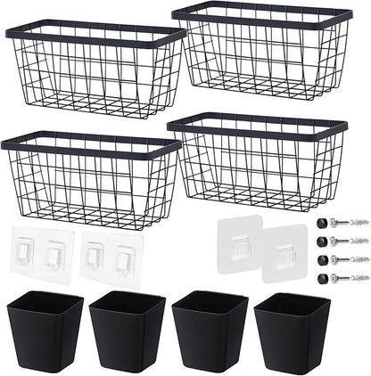 LIGHT DUST Wall Hanging Baskets - 8 Set Black Baskets & Cups Wire Basket Metal Wall Organizer Bins for Kitchen Pantry Cabinet Bathroom Shower Door RV [Included Adhesive Hooks & Mounted Screws]