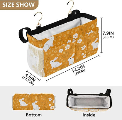 CuwrYet Bedside Caddy Hanging Bunk Bed Caddy Bed Organizer Hanging Pocket with 2 Hooks Bedside Storage Organizer Pocket Bag Holder White Flowers Bunny Orange Leaf