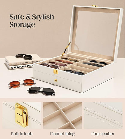 sensok Sunglasses Organizer Storage Box - 20 Slots Eyeglass Display Case for Multiple Pair Glasses, 2-Layer Holder with Clear Glass Lid, Jewelry and Watch Collection Box for Women and Men, White