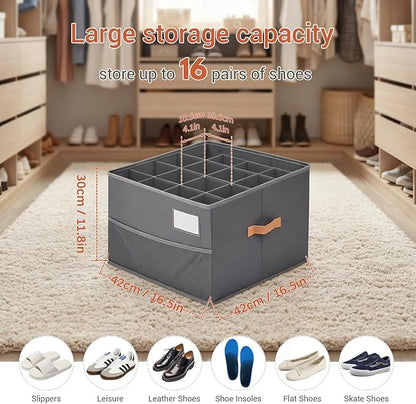 Chewlish Shoe Organizer for Closet, Foldable Shoe Storage Organizer Containers with Clear Cover, Space Saving Shoes Holder with Handles, Gray (1, Large)