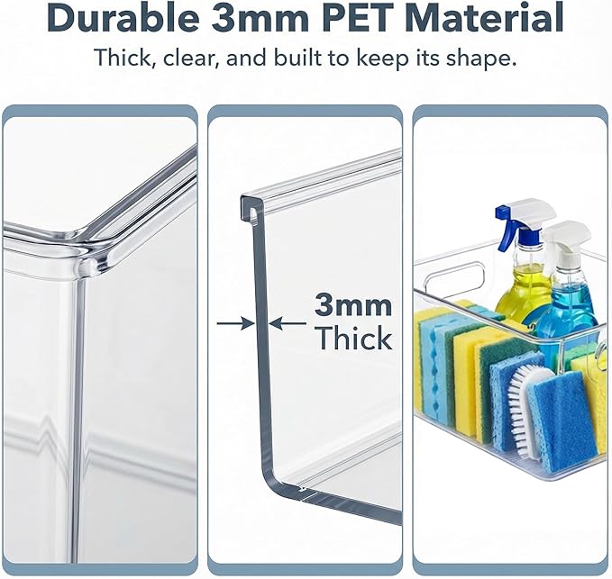 MOONEDGE Open Clear Plastic Storage Bins Stackable Organizer Containers with Handles for Kitchen, Pantry, Fridge, Cabinet, Closet Storage & Home Organization 8 Pack（11 x 8 x 6 in）