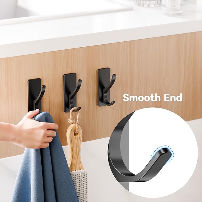 Josmimic 10-Pack Self Adhesive Towel Hooks: Extra Strong 13LB, Stainless Hook for Hanging Loofah, Towels, Coat, Bath Robe Bathroom Shower, Black